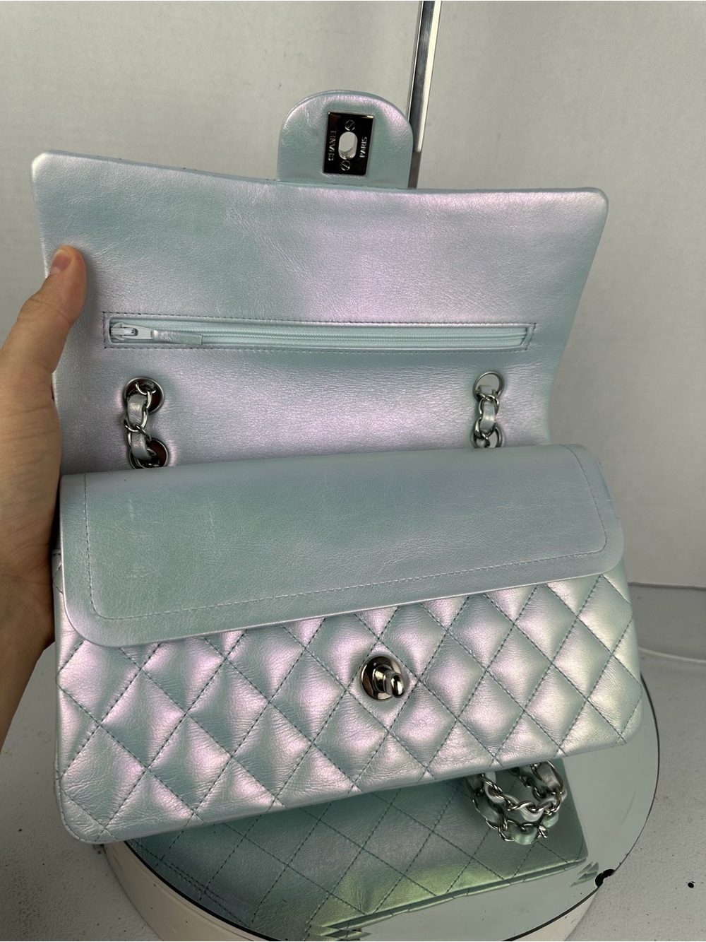 ❌SOLD IN BUNDLE❌Iridescent Light Blue Classic Double Flap Medium Silver Hardware - Picture 9 of 14